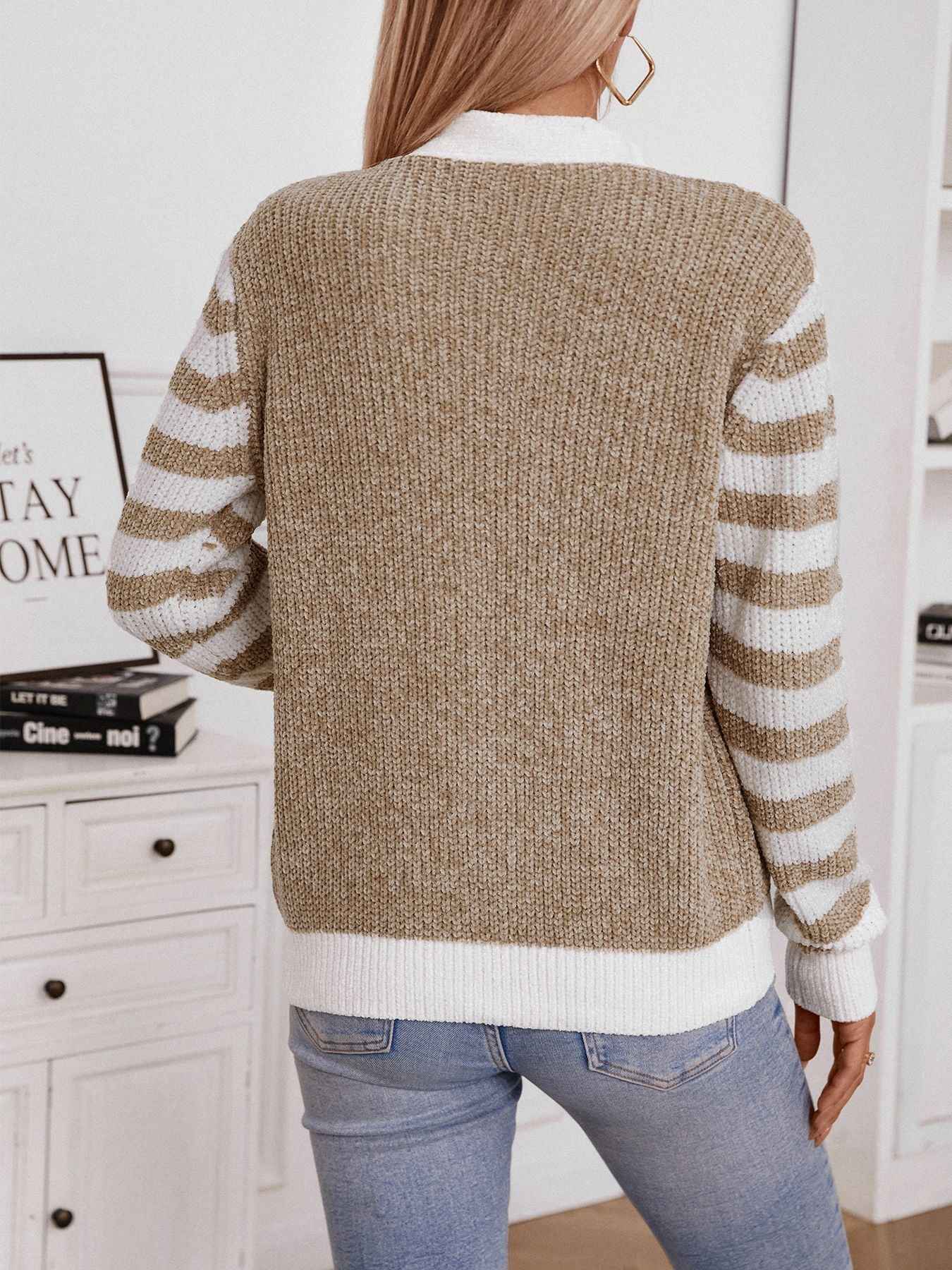 Striped Knit Cardigan with Button Front and Long Sleeves