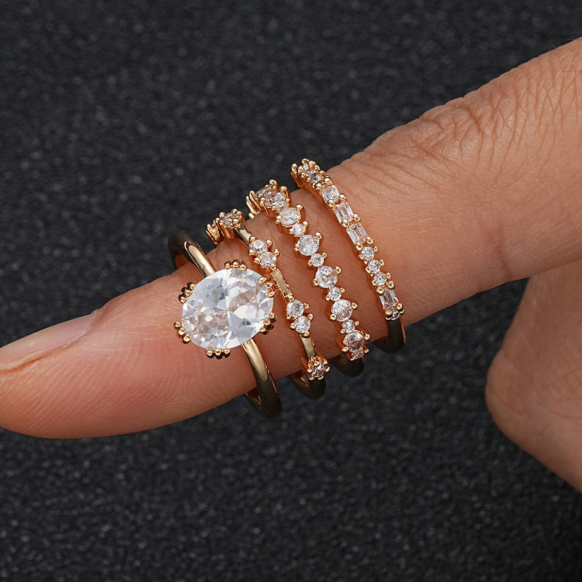 Gold-Tone Oval Zirconia Ring Set with Stacking Bands