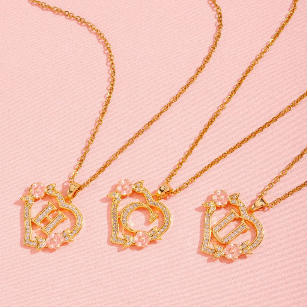 Floral Charm Initial Necklace in Gold Tone