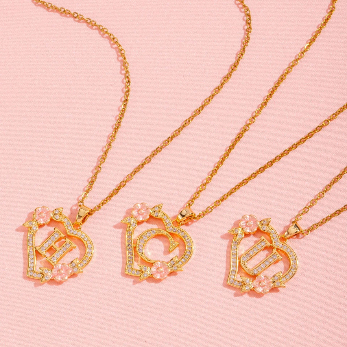 Floral Charm Initial Necklace in Gold Tone