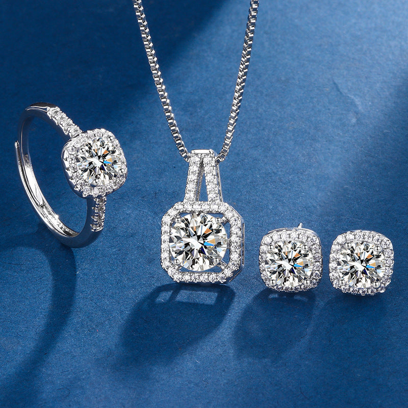 Square Stone Jewellery Set with Ring in White Gold Tone