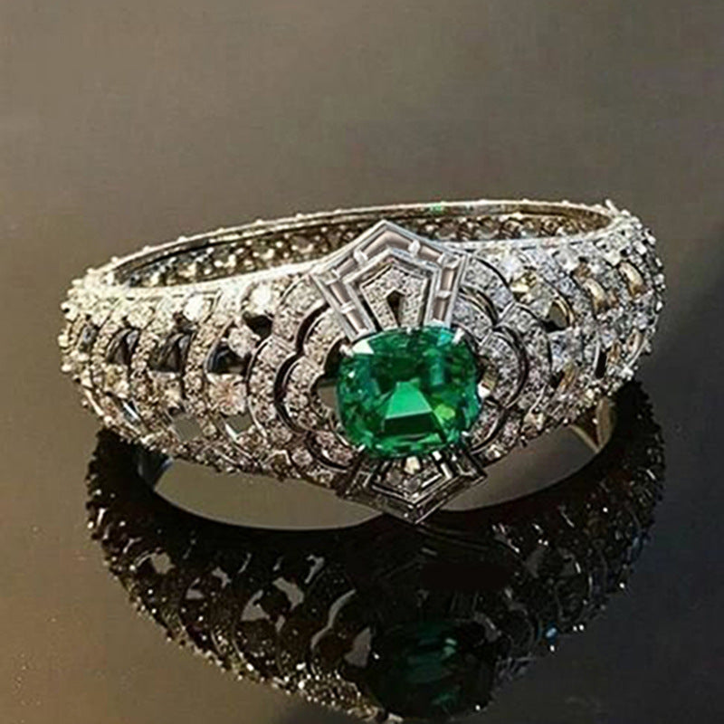 Emerald-Look Art Deco Ring in White Gold Tone