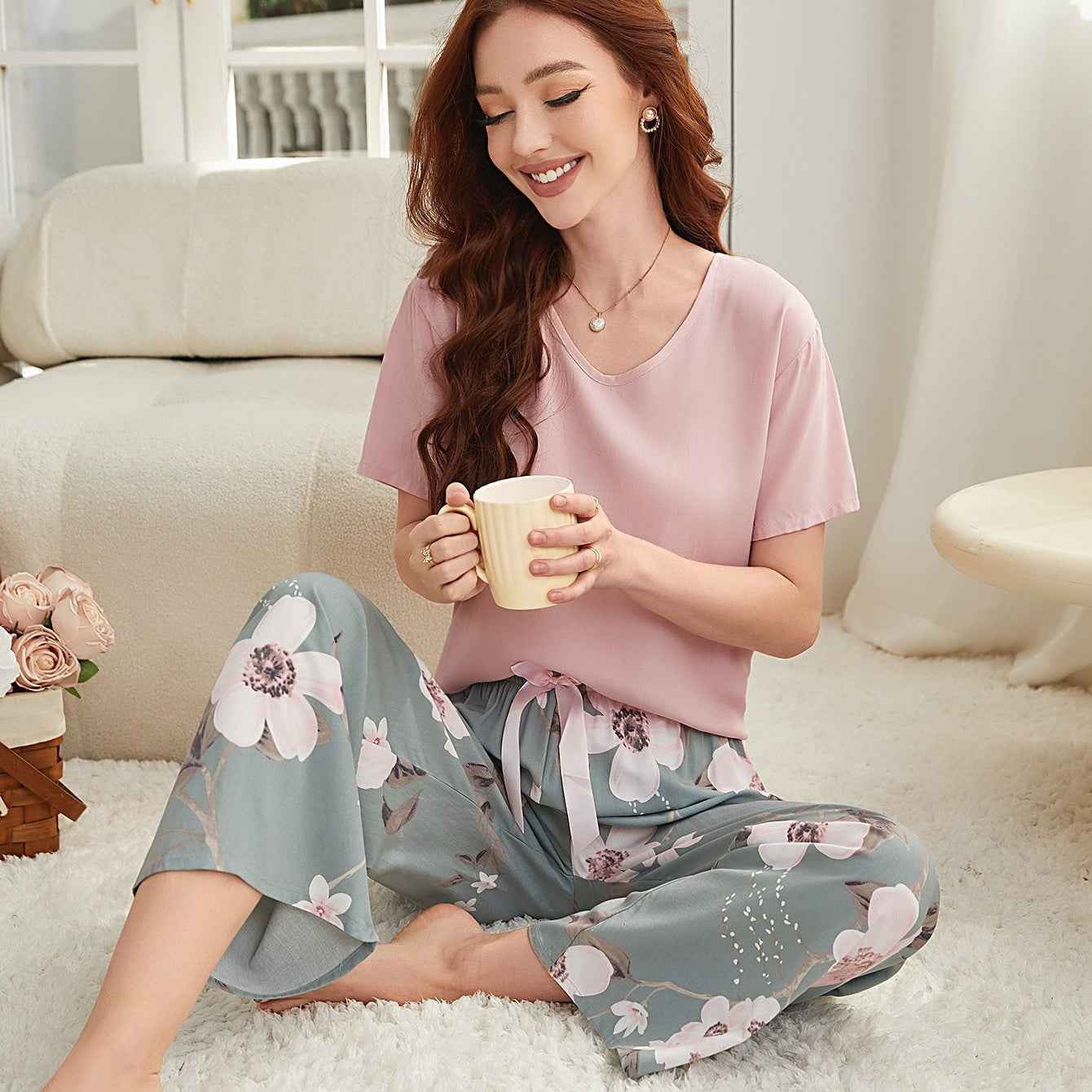 Cotton Crepe Loungewear Set with Airy Two-Piece Shape