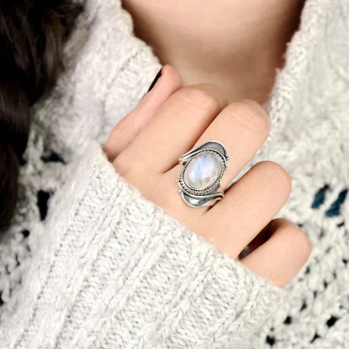 Oval Moonstone-Look Ring with Swirl Silver-Tone Setting