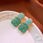 Turquoise Stone Cluster Statement Earrings in Gold Tone