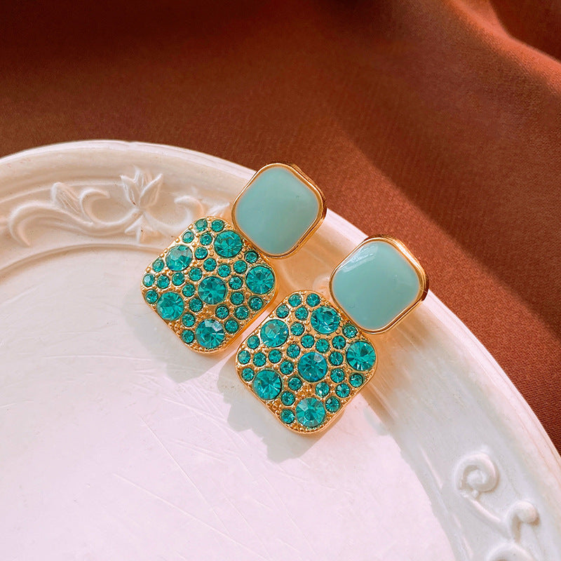 Turquoise Stone Cluster Statement Earrings in Gold Tone