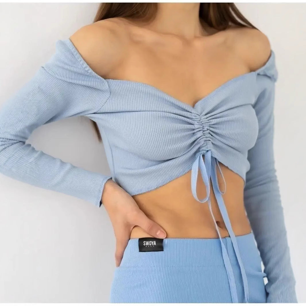 Long-Sleeve Crop Top in Knit with Ruched Front