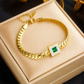 Gold-Tone Link Bracelet with Green Square Stone
