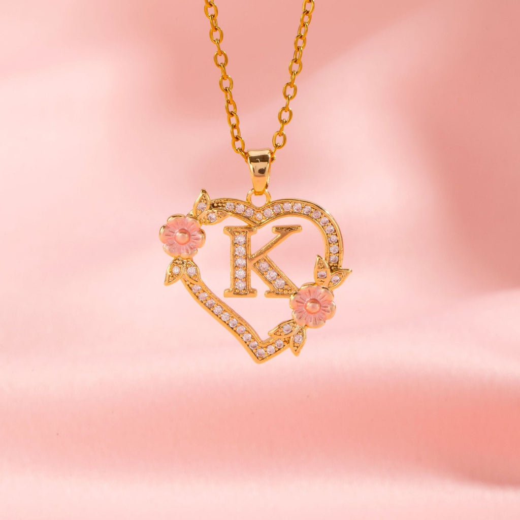 Floral Charm Initial Necklace in Gold Tone