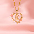 Floral Charm Initial Necklace in Gold Tone