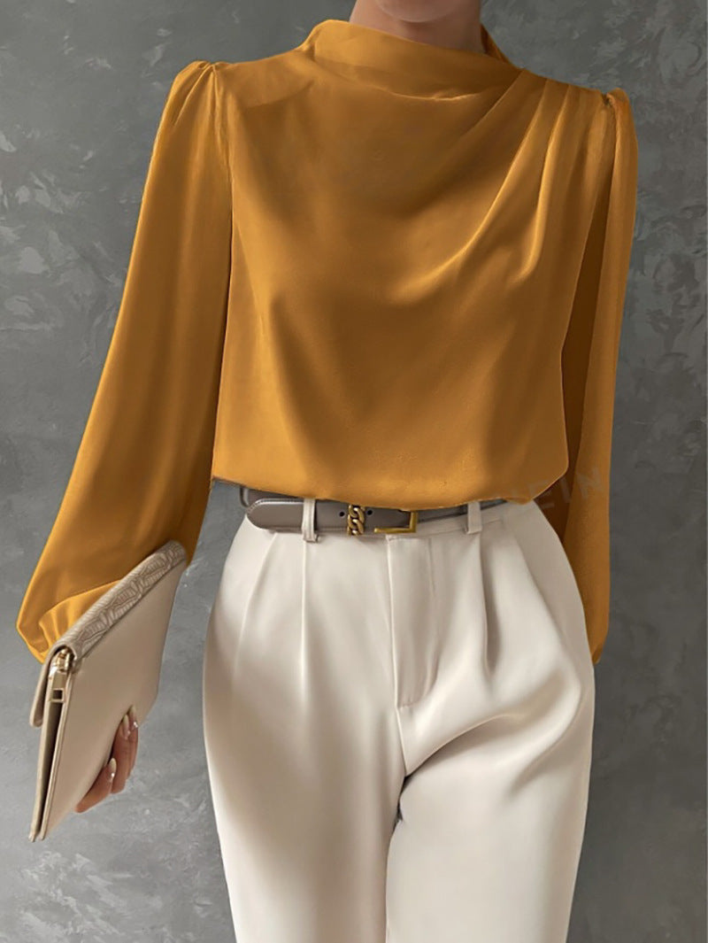 Silk-Polyester Blend Blouse with High Neck and Long Sleeves