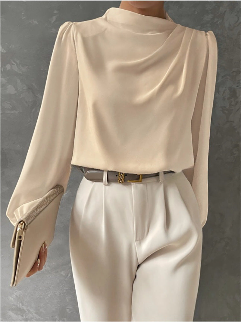 Silk-Polyester Blend Blouse with High Neck and Long Sleeves