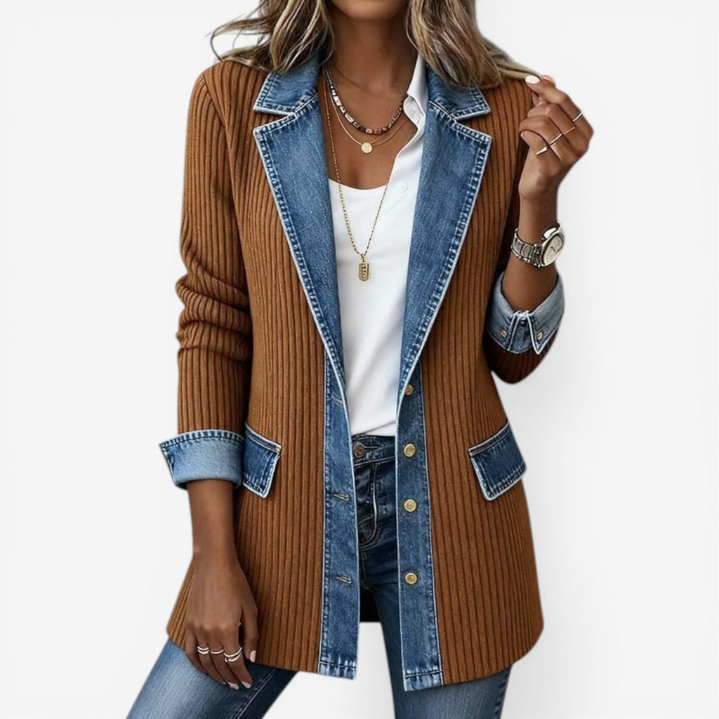 Denim Mix Blazer with Structured Shoulder and Clean Lines