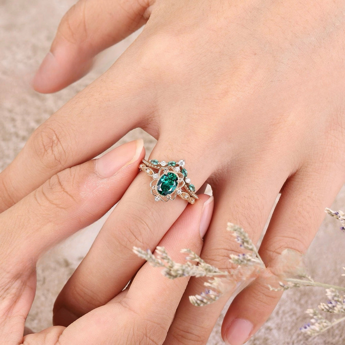 Emerald-Look Crown Ring Set in Rose Gold Tone