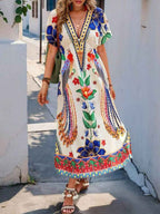 Abstract Print Maxi Dress with V-Neck and Short Sleeves