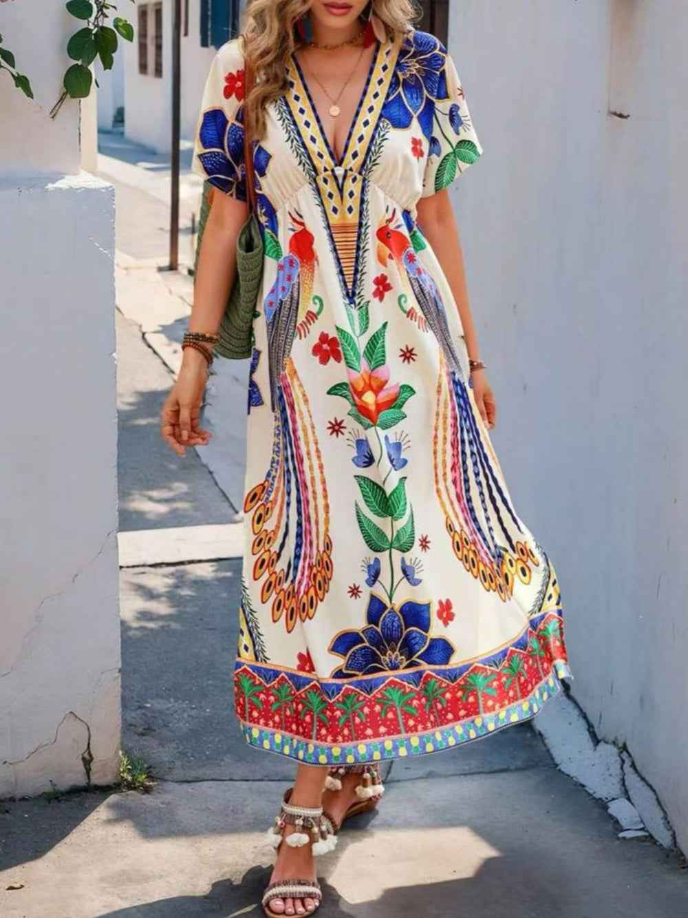 Abstract Print Maxi Dress with V-Neck and Short Sleeves
