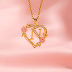 Floral Charm Initial Necklace in Gold Tone