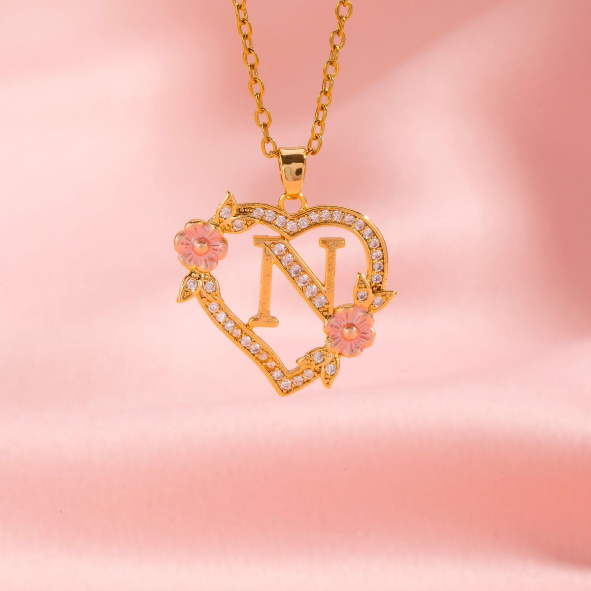 Floral Charm Initial Necklace in Gold Tone