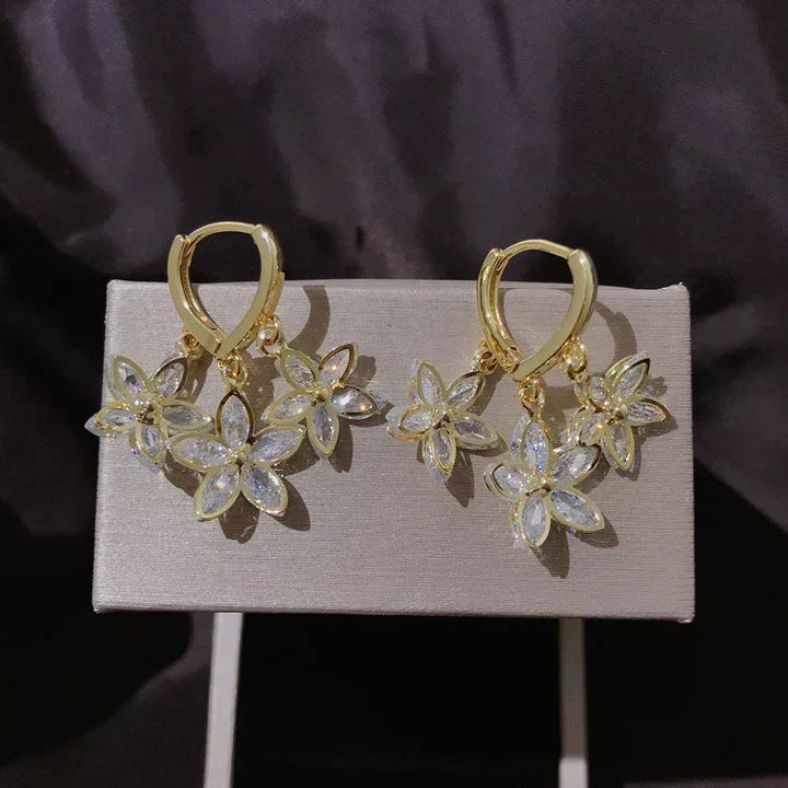 Crystal Flower Drop Earrings in Gold Tone