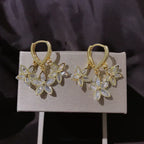 Crystal Flower Drop Earrings in Gold Tone