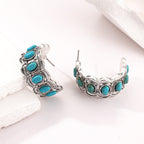 Turquoise-Look Stone Huggie Earrings in White Gold Tone
