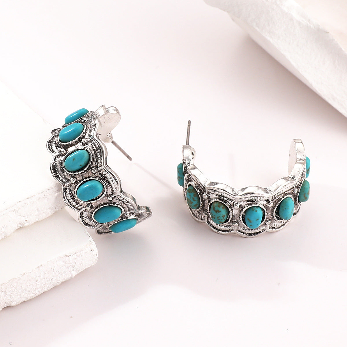 Turquoise-Look Stone Huggie Earrings in White Gold Tone