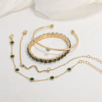 Bracelet Set with Green Stones and Wavy Chain