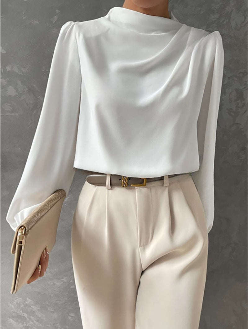 Silk-Polyester Blend Blouse with High Neck and Long Sleeves