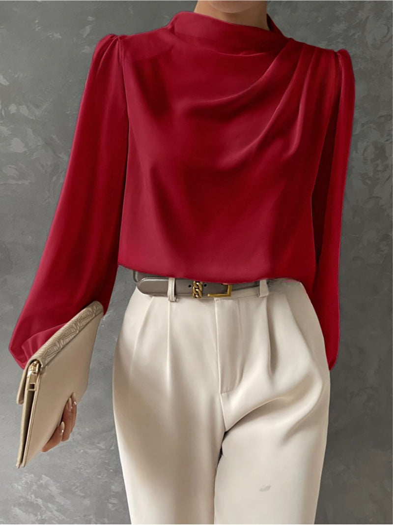 Silk-Polyester Blend Blouse with High Neck and Long Sleeves