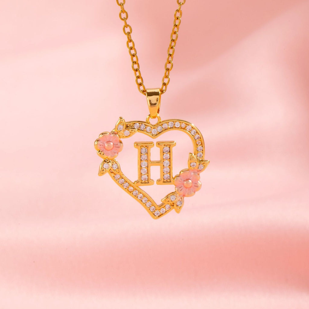 Floral Charm Initial Necklace in Gold Tone