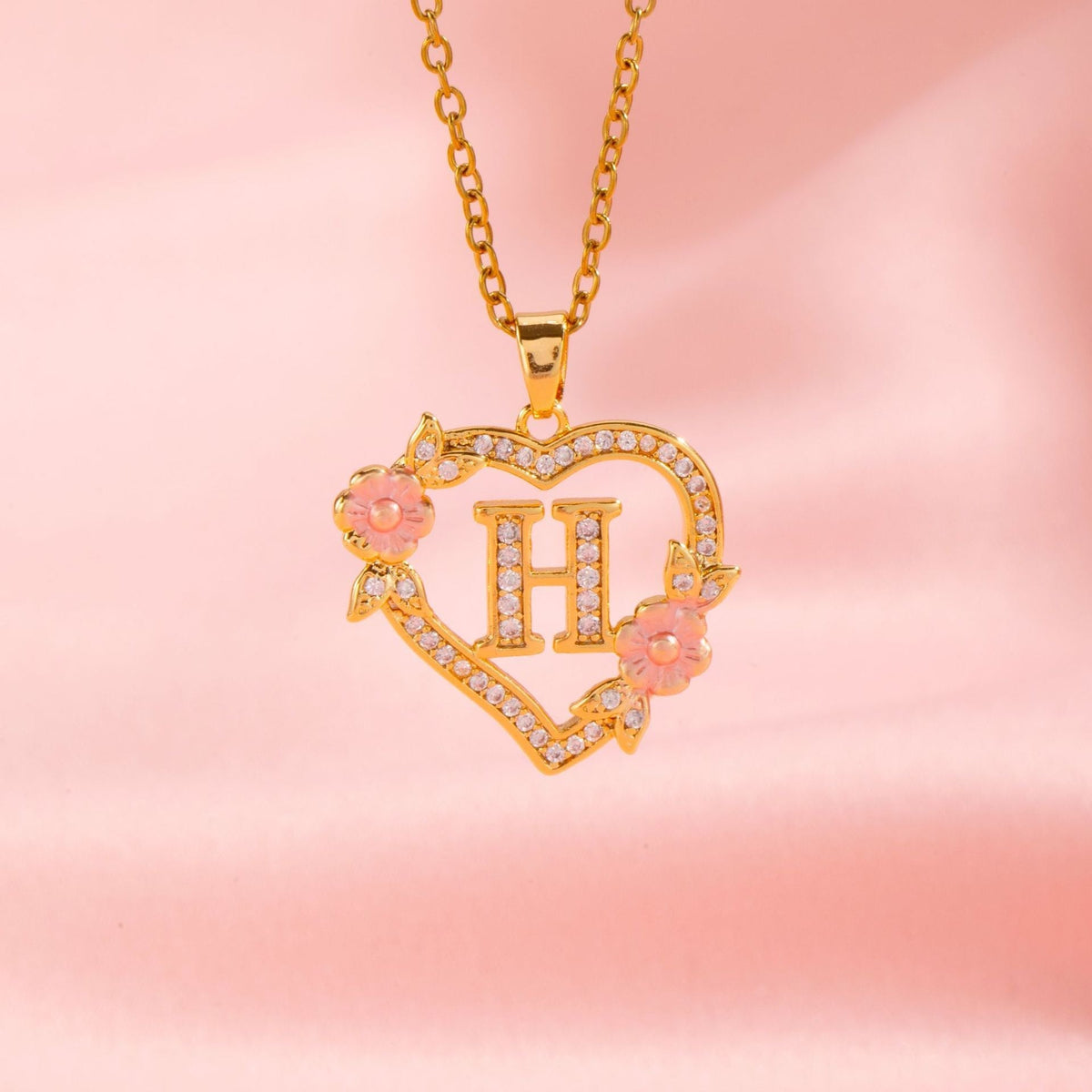 Floral Charm Initial Necklace in Gold Tone
