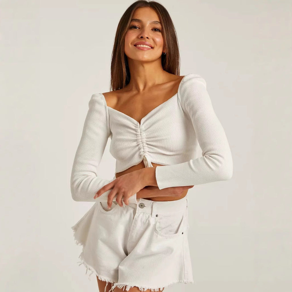 Long-Sleeve Crop Top in Knit with Ruched Front