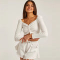 Long-Sleeve Crop Top in Knit with Ruched Front