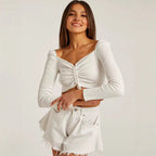 Long-Sleeve Crop Top in Knit with Ruched Front