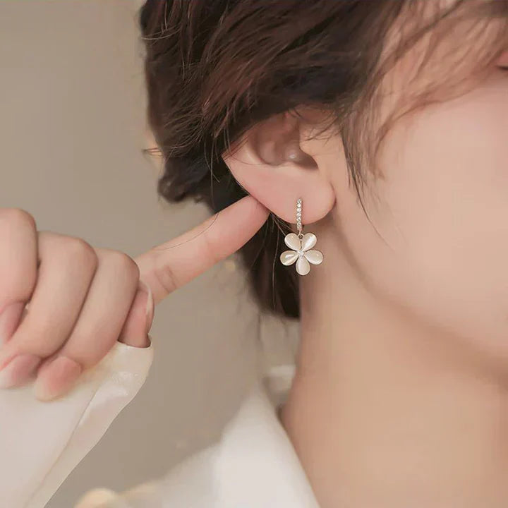White Flower Drop Earrings in Gold Tone