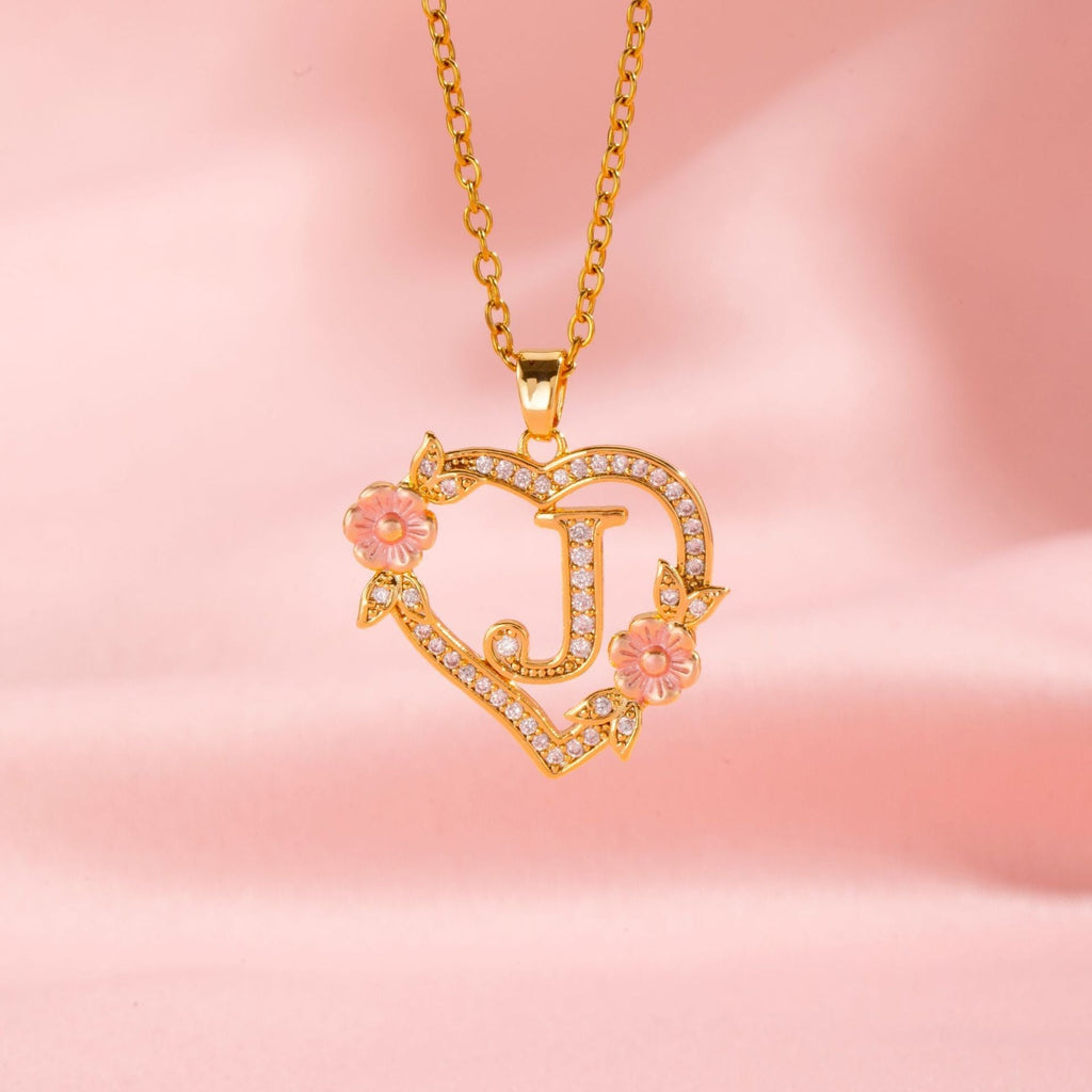 Floral Charm Initial Necklace in Gold Tone