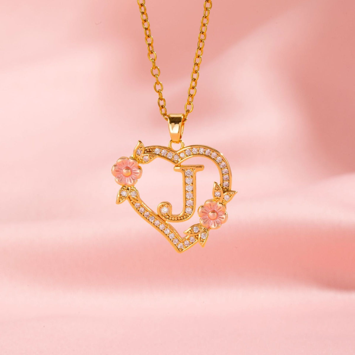 Floral Charm Initial Necklace in Gold Tone
