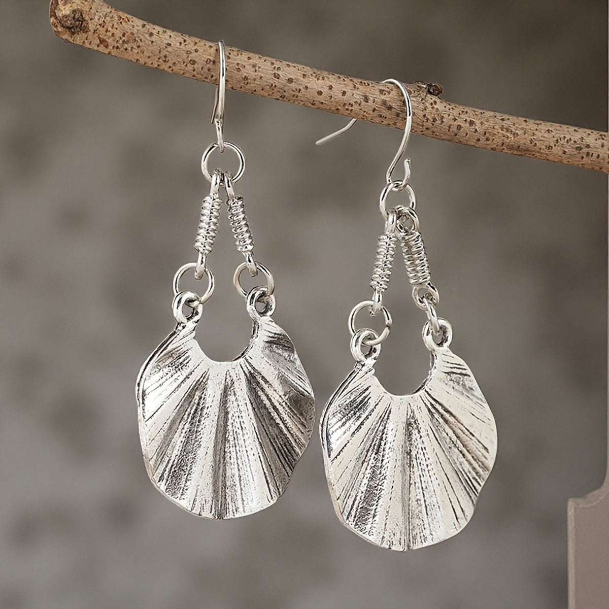 Bohemian Textured Silver-Tone Fan Drop Earrings