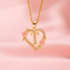 Floral Charm Initial Necklace in Gold Tone
