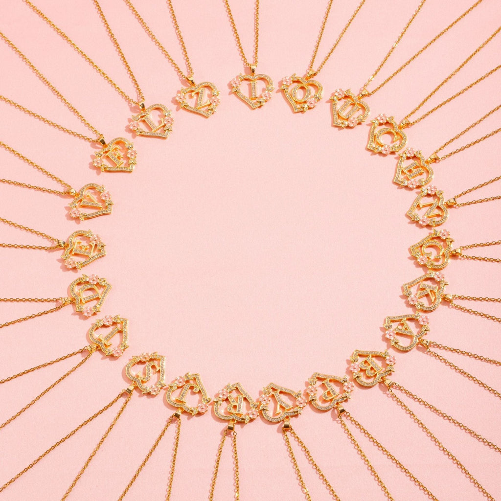 Floral Charm Initial Necklace in Gold Tone