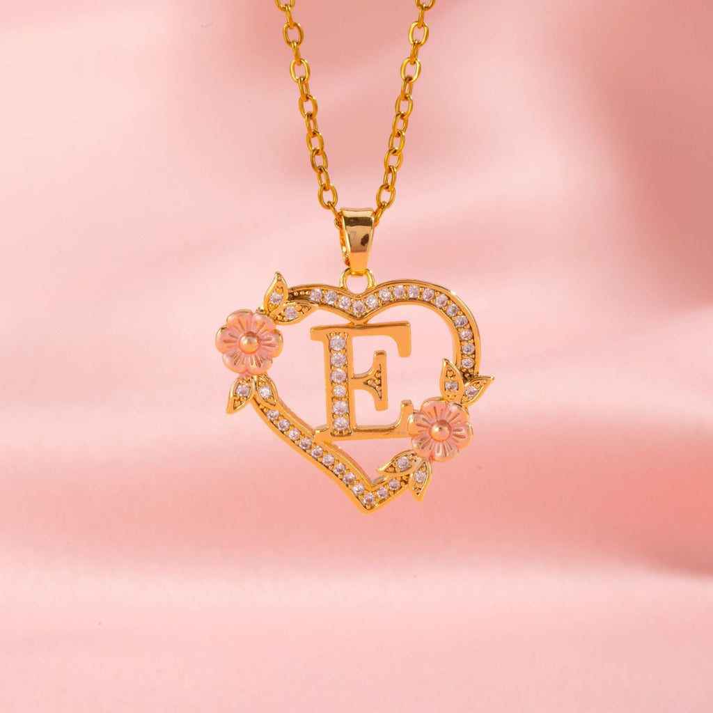 Floral Charm Initial Necklace in Gold Tone