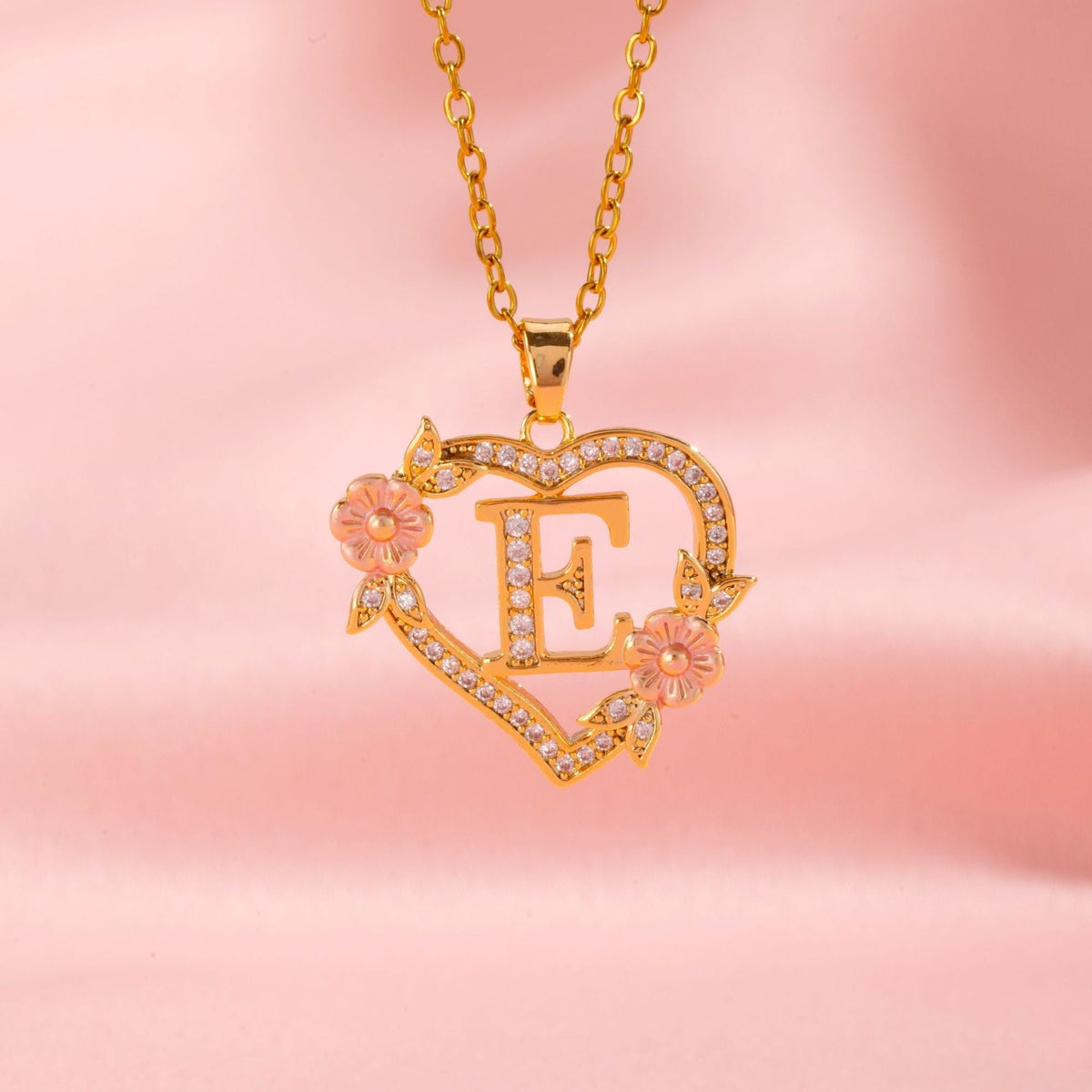 Floral Charm Initial Necklace in Gold Tone