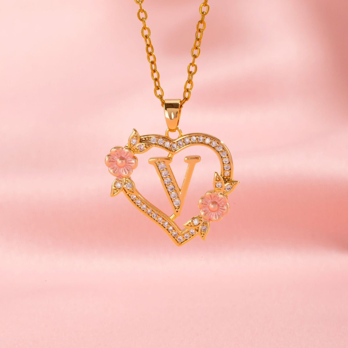 Floral Charm Initial Necklace in Gold Tone
