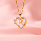 Floral Charm Initial Necklace in Gold Tone