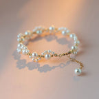 Adjustable Gold-Plated Pearl Bead Bracelet with Cat Paw