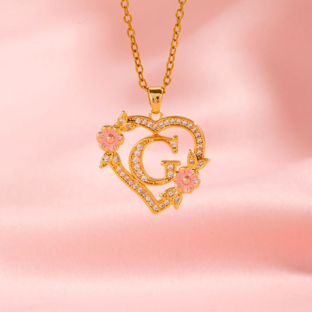 Floral Charm Initial Necklace in Gold Tone
