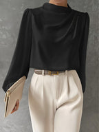 Silk-Polyester Blend Blouse with High Neck and Long Sleeves