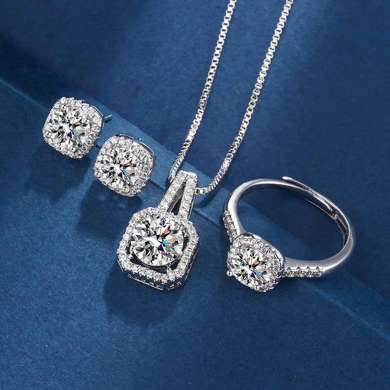 Square Stone Jewellery Set with Ring in White Gold Tone