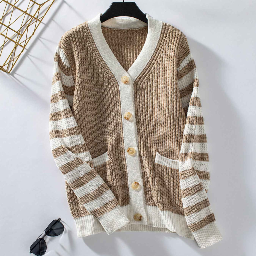 Striped Knit Cardigan with Button Front and Long Sleeves