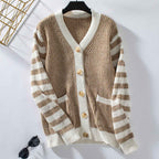 Striped Knit Cardigan with Button Front and Long Sleeves